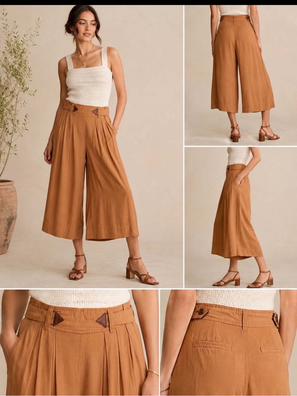 elevenses Wide-Leg Cropped Trousers in Caramel Brown
